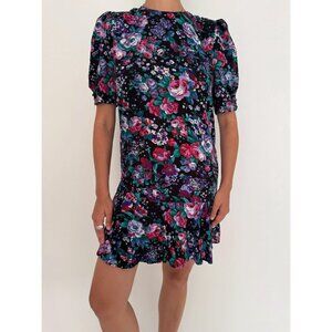 80s vintage purple bold retro floral print ruffled short puff sleeves mini dress